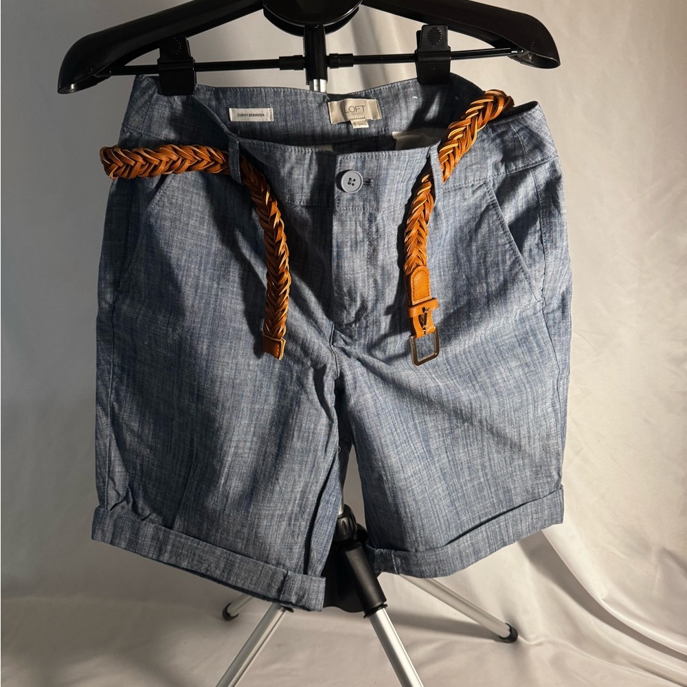 LOFT Women's Blue Shorts with Braided Tan Belt